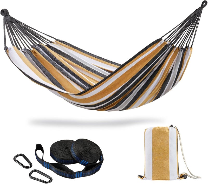 CHULIM Brazilian Double Hammock with Tree Straps,Extra Large 94x63IN,2 Persons Hammock for Backyard Patio Outdoor and Indoor,450lbs Weight Capacity,Soft Woven Cotton Fabric - Coffee Stripe - Image 1